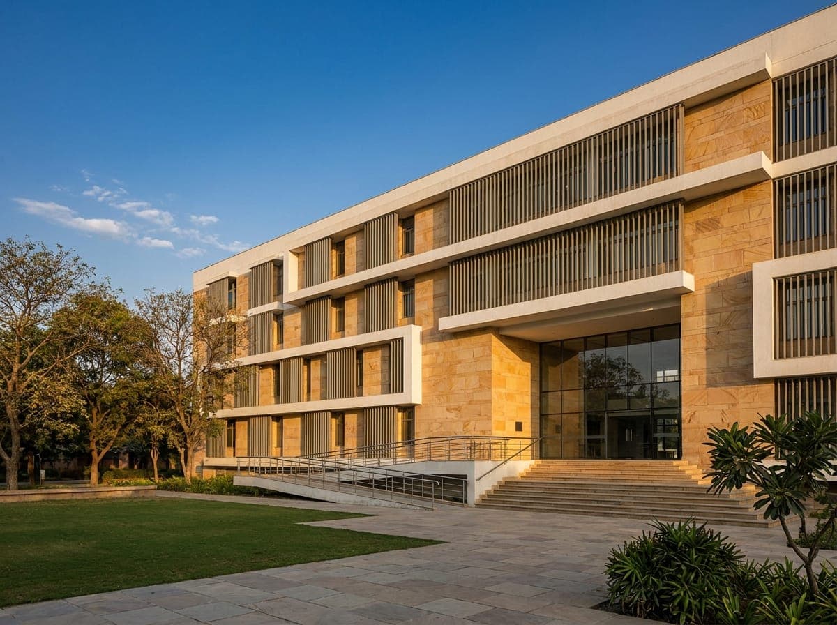 Modern college academic block with landscaped plaza