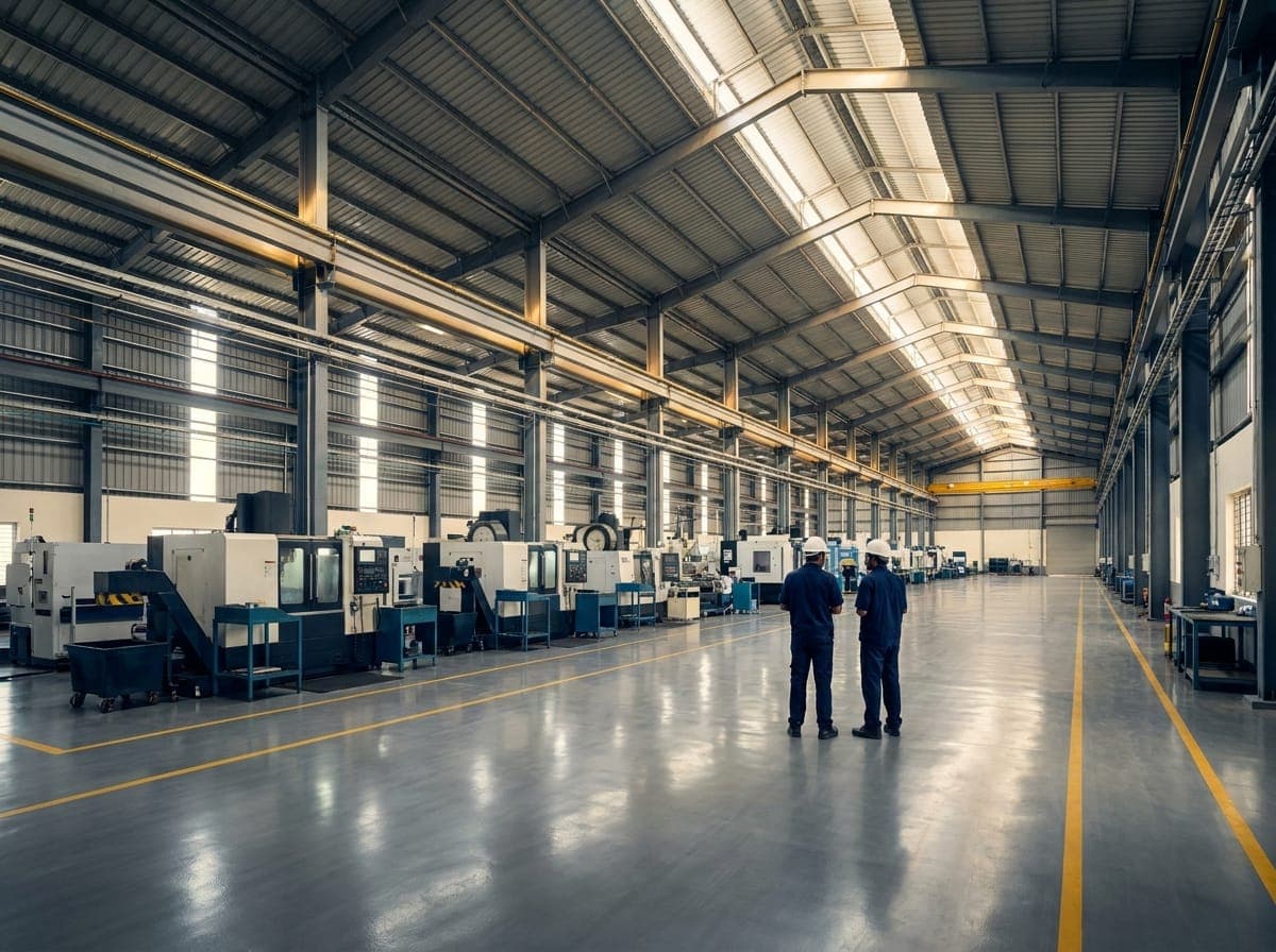 Interior of a clear-span manufacturing factory shed