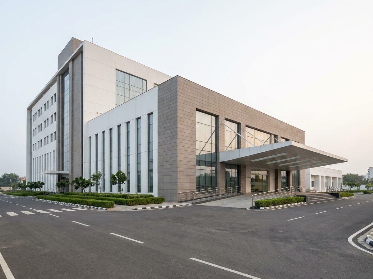 Completed multi-storey hospital building with ambulance porch