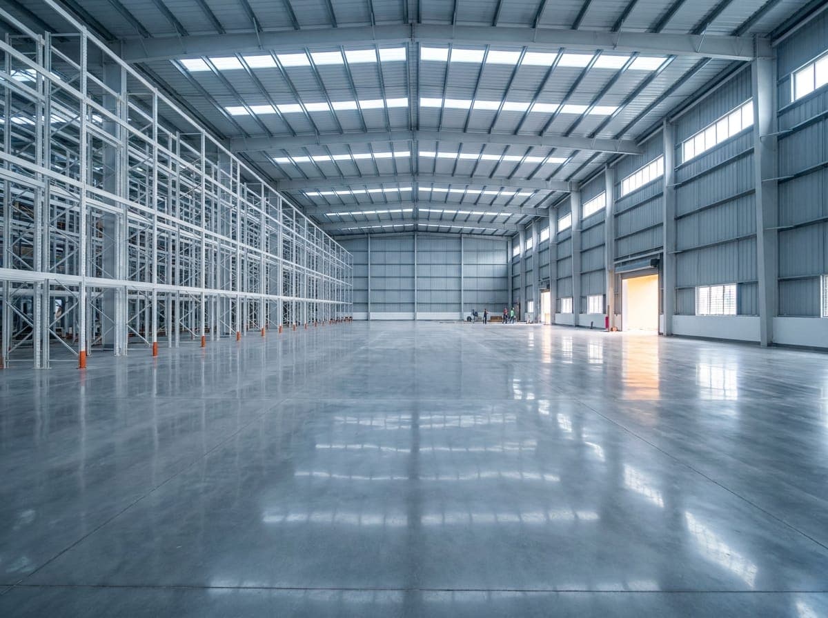 Clear-span warehouse interior with polished concrete floor