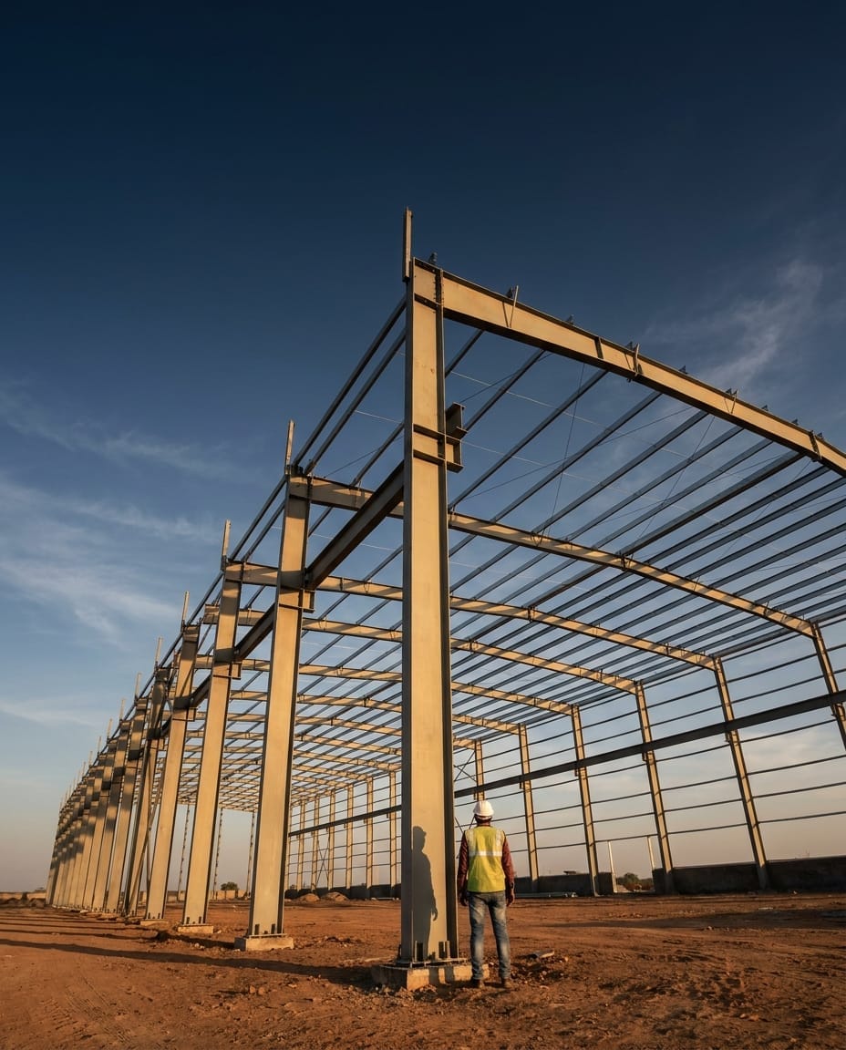 Steel-framed industrial facility under construction at dusk in Rajasthan